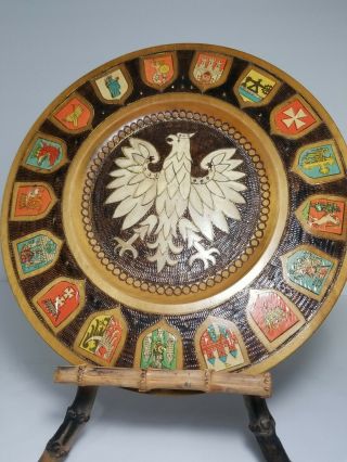 Vintage Hand Carved Wooden Plate Folk Art Poland Polska Shields