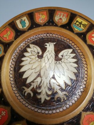 Vintage Hand Carved wooden plate folk art Poland Polska Shields 2