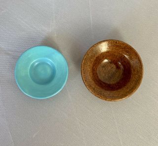 Set Of 2 Dollhouse Miniature Artisan Art Pottery Bowls Brown And Blue Stoneware