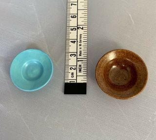 Set of 2 Dollhouse Miniature Artisan Art Pottery Bowls Brown and Blue Stoneware 3