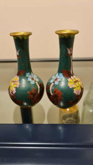 Stunning Pair Vintage Chinese Cloisonne Small Vases 10cm Tall Lovely