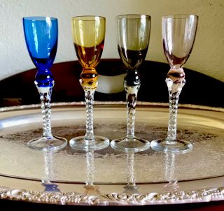 4 Vintage Rare Aperitif Cordial Murano Style Glasses Twisted Stem Barware Set