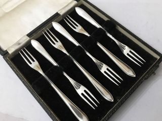Vintage 6 X Epns Deco Design Silver Plate Epns Pickle Olive Forks Boxed / Cased