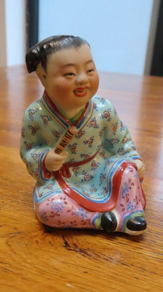 Stunning Vintage Chinese Bisque & Glazed Porcelain Figure Of Child & Instrument