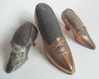 3 Antique High Heel Shoes Sewing Pin Cushions.  2 Jenning Brothers