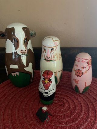 Vintage Set Of 4 Farm Animal Wood Nesting Dolls Cow Pig Lamb Chicken And House
