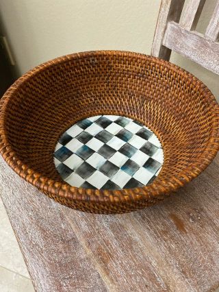 Rare Mackenzie Childs Rattan & Courtly Check Enamel Basket Bowl With Base