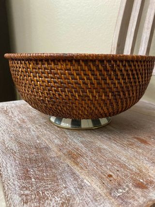 RARE Mackenzie Childs Rattan & Courtly Check Enamel Basket Bowl with Base 2
