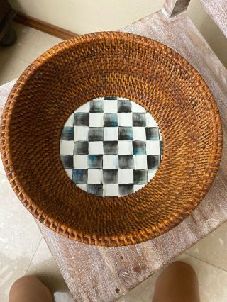 RARE Mackenzie Childs Rattan & Courtly Check Enamel Basket Bowl with Base 3