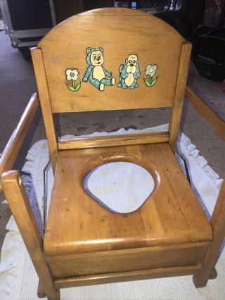 Vintage Antique Oak Hill Collapsible Wooden Potty Chair Puppy& Bear Graphics Usa