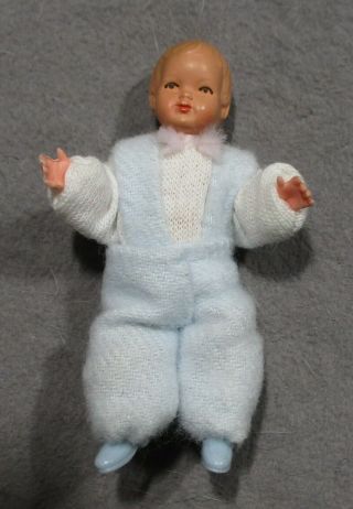 Vintage Dollhouse Miniature Doll - Caco - Germany - Baby In Blue - 2.  25 "