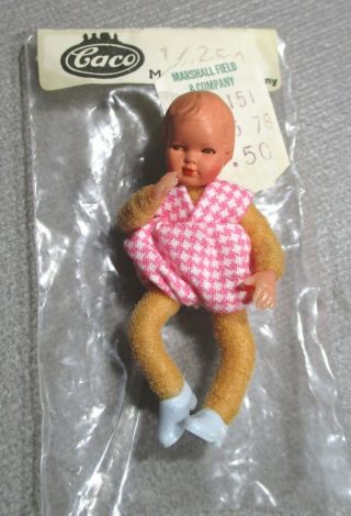 Vintage Dollhouse Miniature Doll - Caco - Germany - Baby In Pink Romper - 2.  25 "