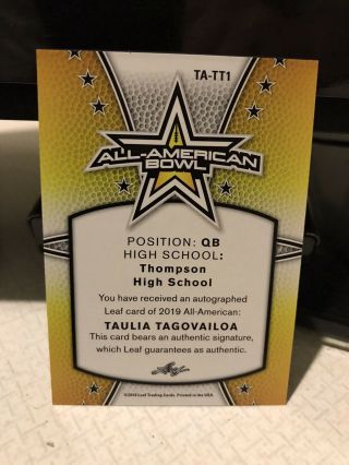 TAULIA TAGOVAILOA ROOKIE AUTOGRAPH CARD 2019 LEAF ALL AMERICAN BOWL RARE SP 2/15 2