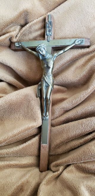 10 " Cross Vintage Antique Brass And Wood Crucifix Jesus Inri