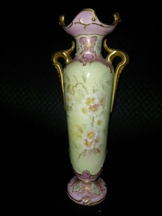 Antique/vtg Royal Bonn Hand Painted Floral Pink Gilt Porcelain Vase Repaired