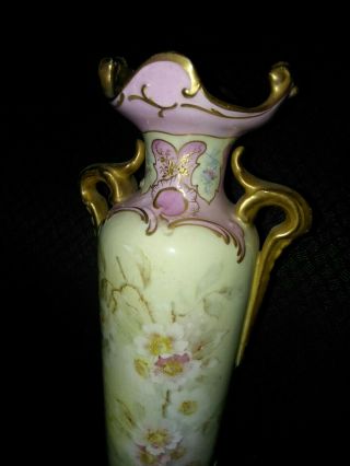 Antique/Vtg Royal Bonn Hand Painted Floral Pink Gilt Porcelain Vase repaired 2