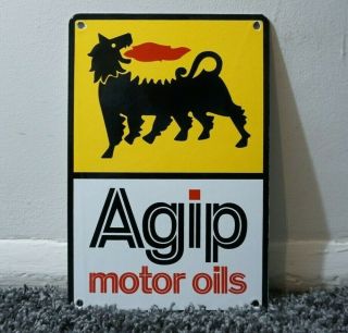 Vintage Agip Porcelain Metal Sign Gasoline Gas Motor Oil Rare Station Pump Ad