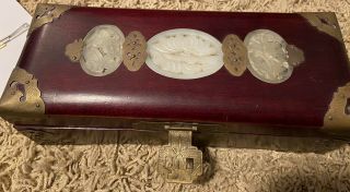 Vintage Chinese Rosewood Jewelry Box Jade Medalluon Brass Trim Very Con