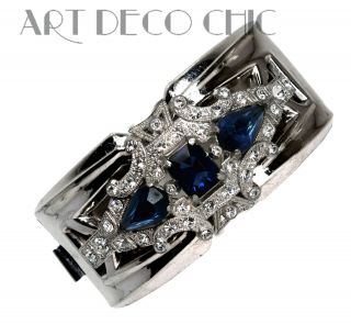 Rare Wide Art Deco Mcclelland Barclay Silver,  Sapphire & Diamante Paste Bracelet