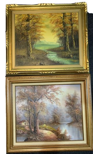 Antique Canvas Oil Paintings - Stream / Lake / Trees