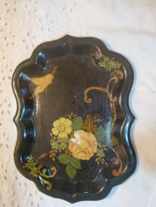 Old Vtg Toleware Metal Tip Tray Handpainted Floral/butterfly Motif 8 " X 6 "