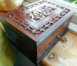 Vintage Old Engraved Wooden Jewellery Box With Hinged Lid And Tray,  Key