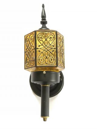 Vintage Large Outside Wall Lantern Porch Light Gothic Metal & Amber Glass Rare