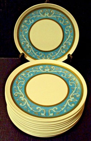 Set Of 12 Vintage Melmac Plates 7 1/4 " Mcm Blue Ring Floral Gold Scroll Rare