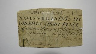 1754 Twenty Six Shillings North Carolina Nc Colonial Currency Note Bill Rare 8d
