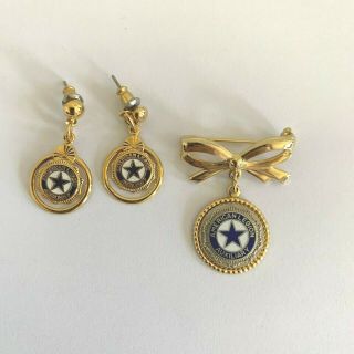 American Legion Auxiliary Pin Brooch Gold Tone Dangle Bow Rare W Earrings