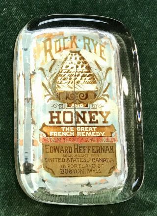 Antique “rock Rye & Honey” Reverse Glass Advertising Paperweight