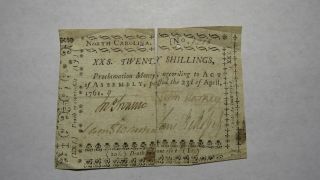 1761 Twenty Shillings North Carolina Nc Colonial Currency Note Bill Rare 20s