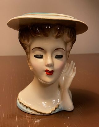 Rare Betson’s 1950’s Vintage Lady Head Vase Japan Hand Painted Aqua Blue Dress