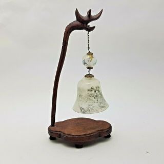Vintage / Antique Chinese Reverse Painted Glass Hanging Bell With Wooden Stand