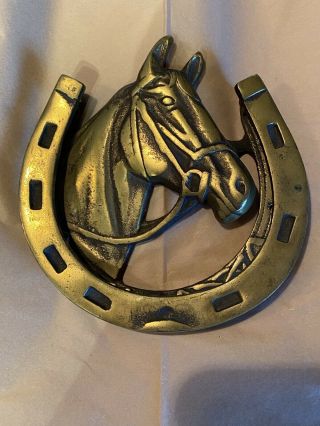 Vintage Lg Bridled Horse Head Horseshoe Door Knocker Solid Brass Appx 5 " X 5 "