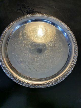 Vintage Leonard Silver Plate 12 " Serving Tray Round Floral Sroll Design