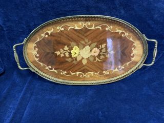 Vintage Floral Flowers Design Inlaid Wood Italian Sorrento Oval Serving Tray