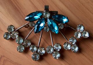 Vintage Antique Gold Over Sterling Silver Blue & Clear Rhinestone Pin Or Pendant