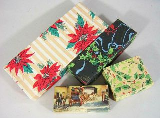 4 Antique Vintage Christmas Gift Boxes Holly Pointsietta & Dickens 1940s 1950s