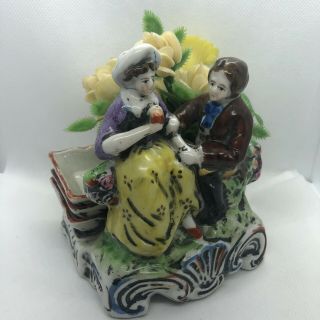 Antique Porcelain Figures,  Couple W/ Open Salt Baskets On Back