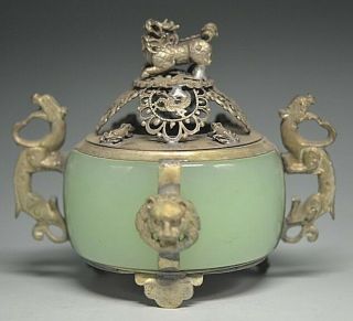 Rare Chinese Silver Copper Inlaid Jade Dragon Lion Incense Burner N
