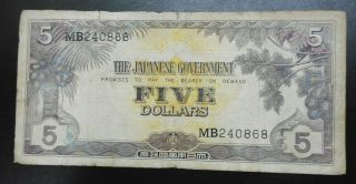Malaya Japanese Occupation $5 Five Dollars Banknote,  With Serial Numbers Rare