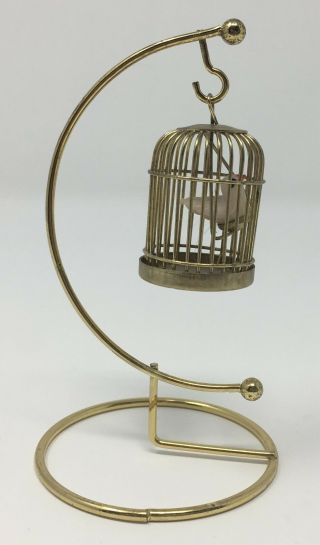Vintage Dollhouse Miniature Brass Bird Cage On Stand With Bird