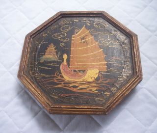 Antique Wooden - Chinese Junk Boat Painting - Wall Hanging Octagon Shape 11 2