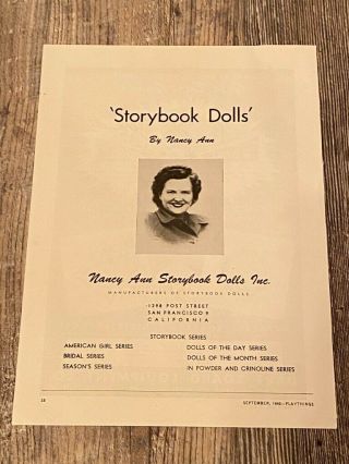 Vintage 1946 Storybook Dolls Nancy Ann Sd2 Deco Dart Board Toy Print Ad