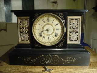 Antique Rare Ansonia 1894  Ornate Gold & Black Cast Iron Shelf Clock