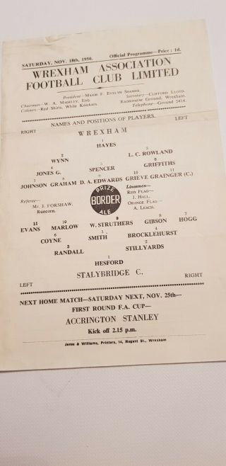 18/11/1950 Wrexham Vs.  Stalybridge Celtic Rare