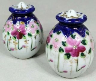 Antique Nippon Cobalt Blue Pink Floral Moriage Porcelain Salt Pepper Shakers Set