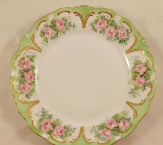 Vintage Green W/ White And Pink Flowers Luncheon Plate Gold Trim