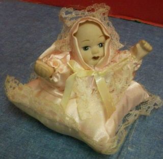 Vintage Small Baby Girl Porcelain Doll On Pillow Lace Trim Painted Face 4 " X 4 "